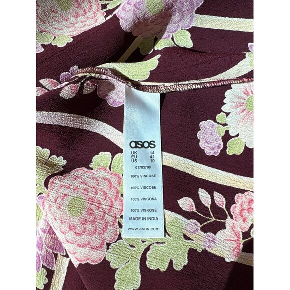 ASOS Womens Floral Patchwork Dress Short Sleeves Relaxed Fit Viscose Burgundy & - Picture 6 of 7